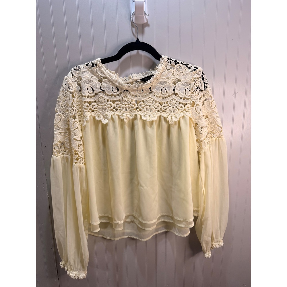Strut & Bolt Cream Crochet Lace Yoke Bishop Sleeve Blouse Top Large